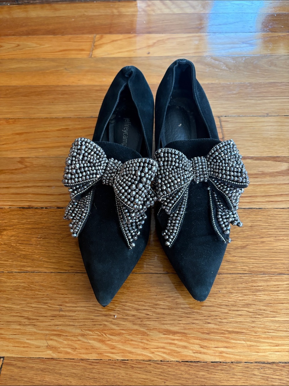Jeffrey Campbell Black Pointed Suede Flats with Beaded Heel and Bow Accent